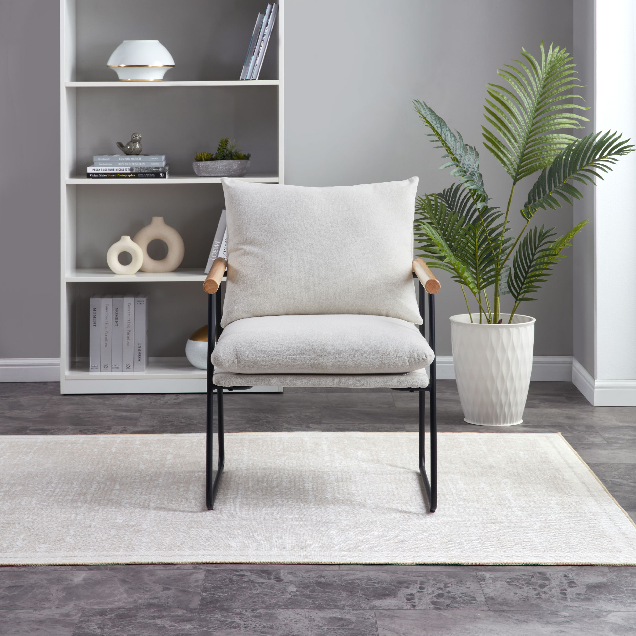 Modern Accent Chair, Comfy Chair With Removable Cushion, Vanity Chair With Wood Armrests For Living Room, Bedroom, White_voghion.com